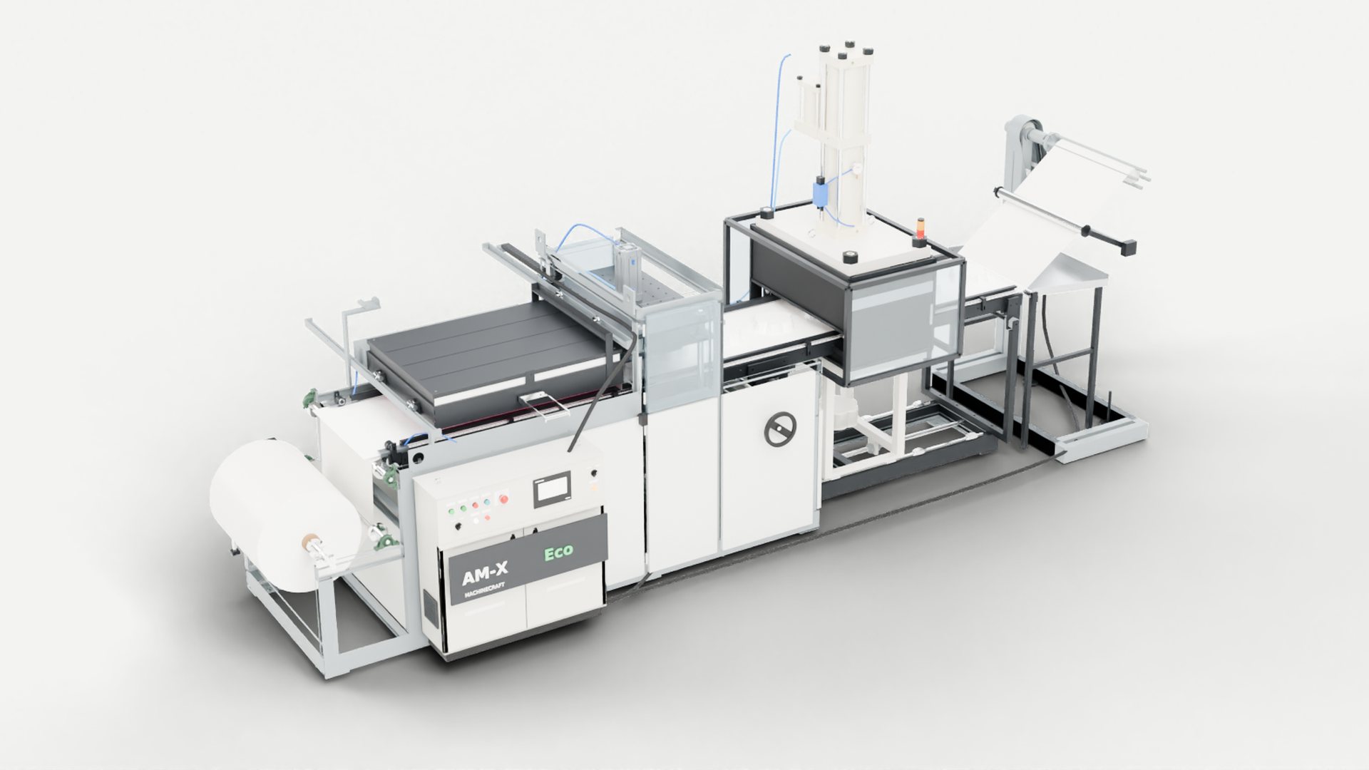 AM-X Eco roll-fed vacuum thermoformer with inline 40 t trim press, three-quarter view from the infeed side