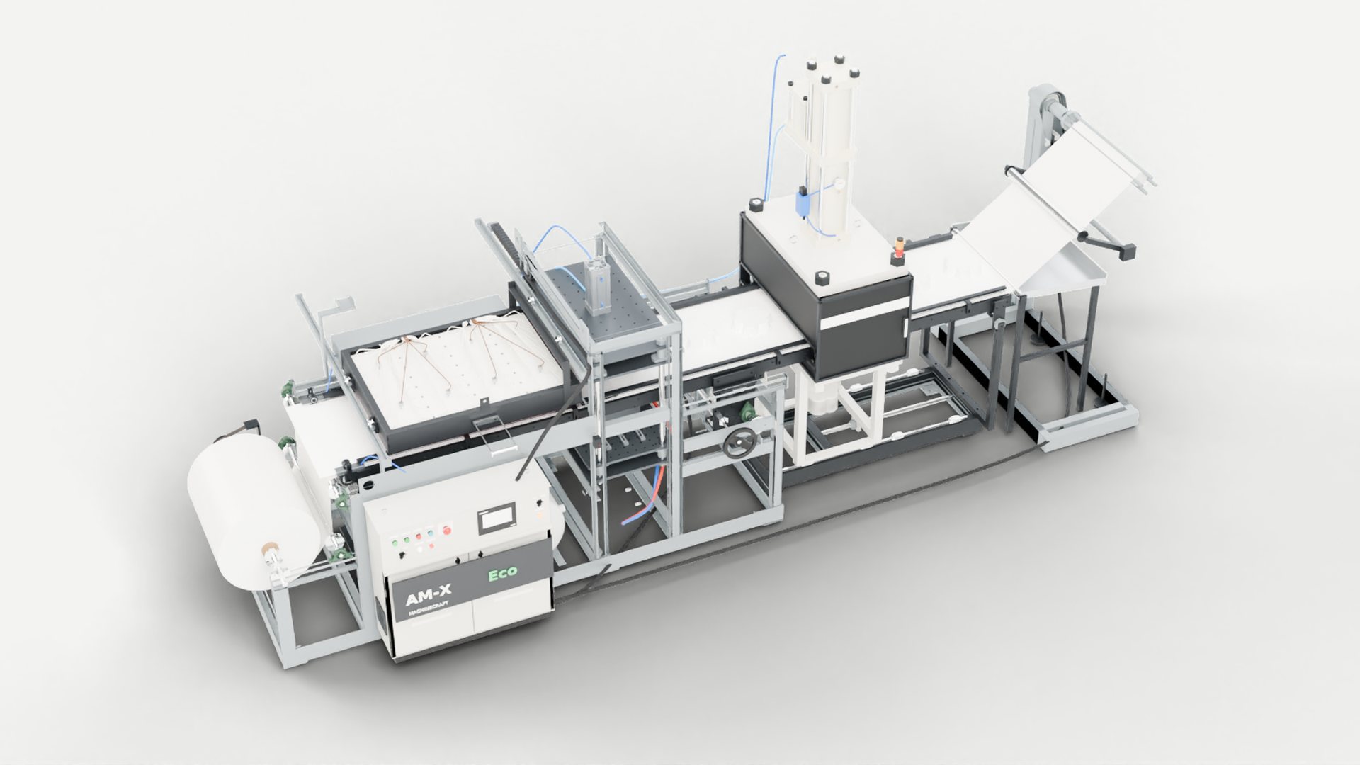 AM-X Eco with the guards removed, showing unwind, oven, forming station, trim press and winder