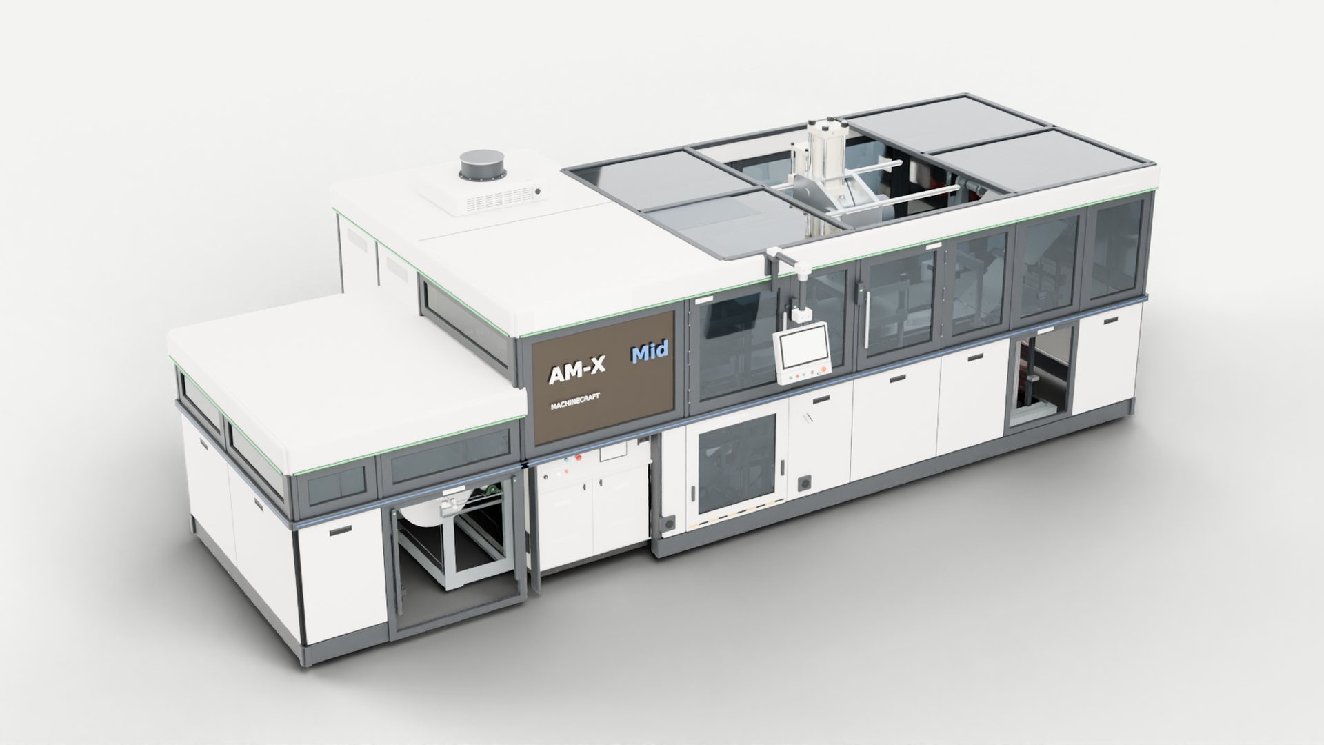 AM-X Mid roll-fed pressure thermoformer with top and bottom quartz oven, three-quarter view from the infeed side