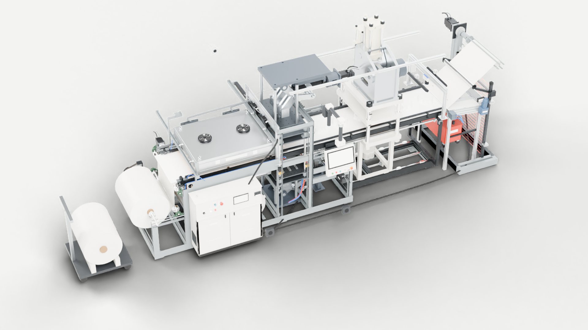 AM-X Mid with the guards removed, showing unwind, oven, forming station, trim press and winder