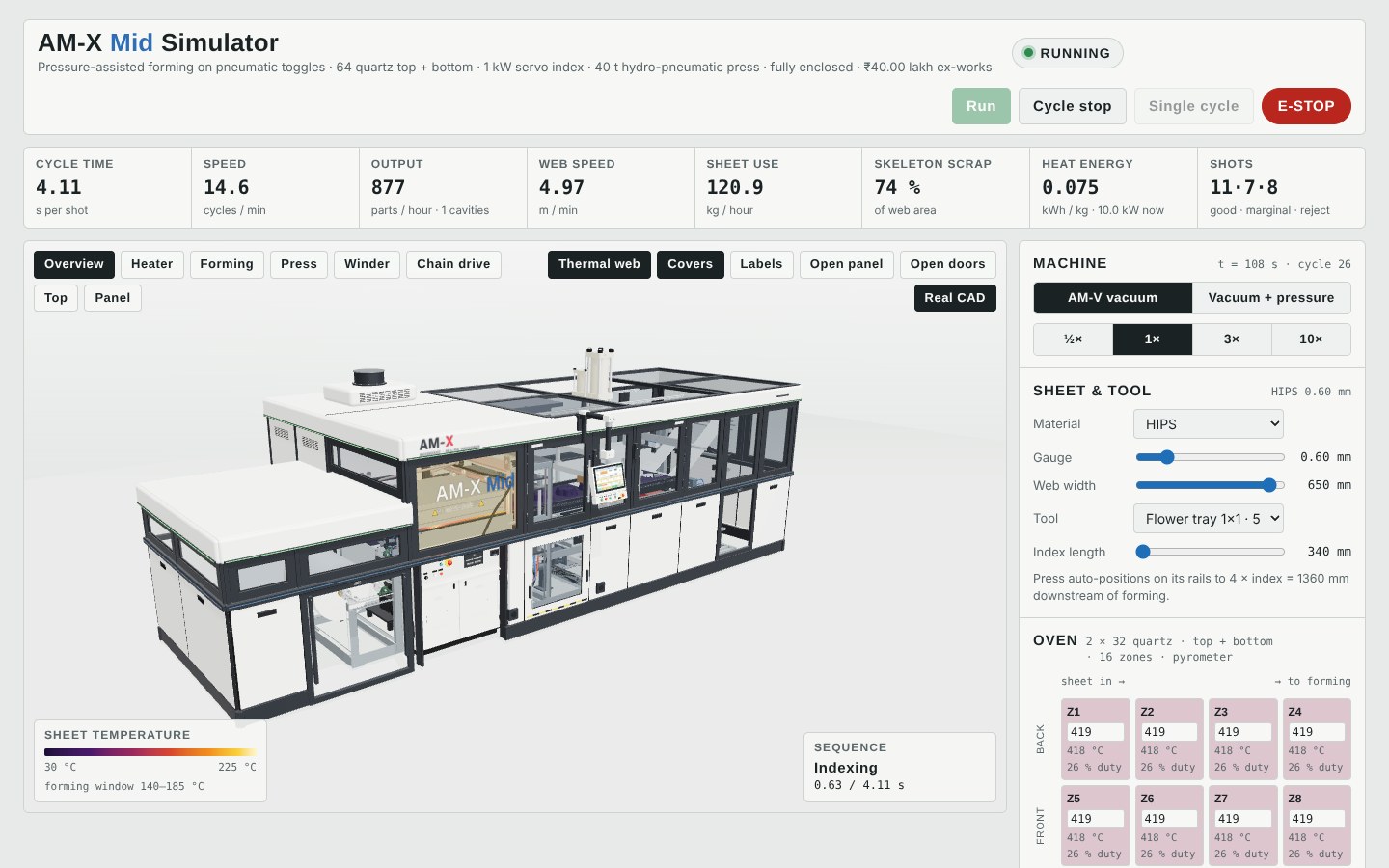 AM-X Mid live 3D simulator in the browser, with cycle time, speed and output