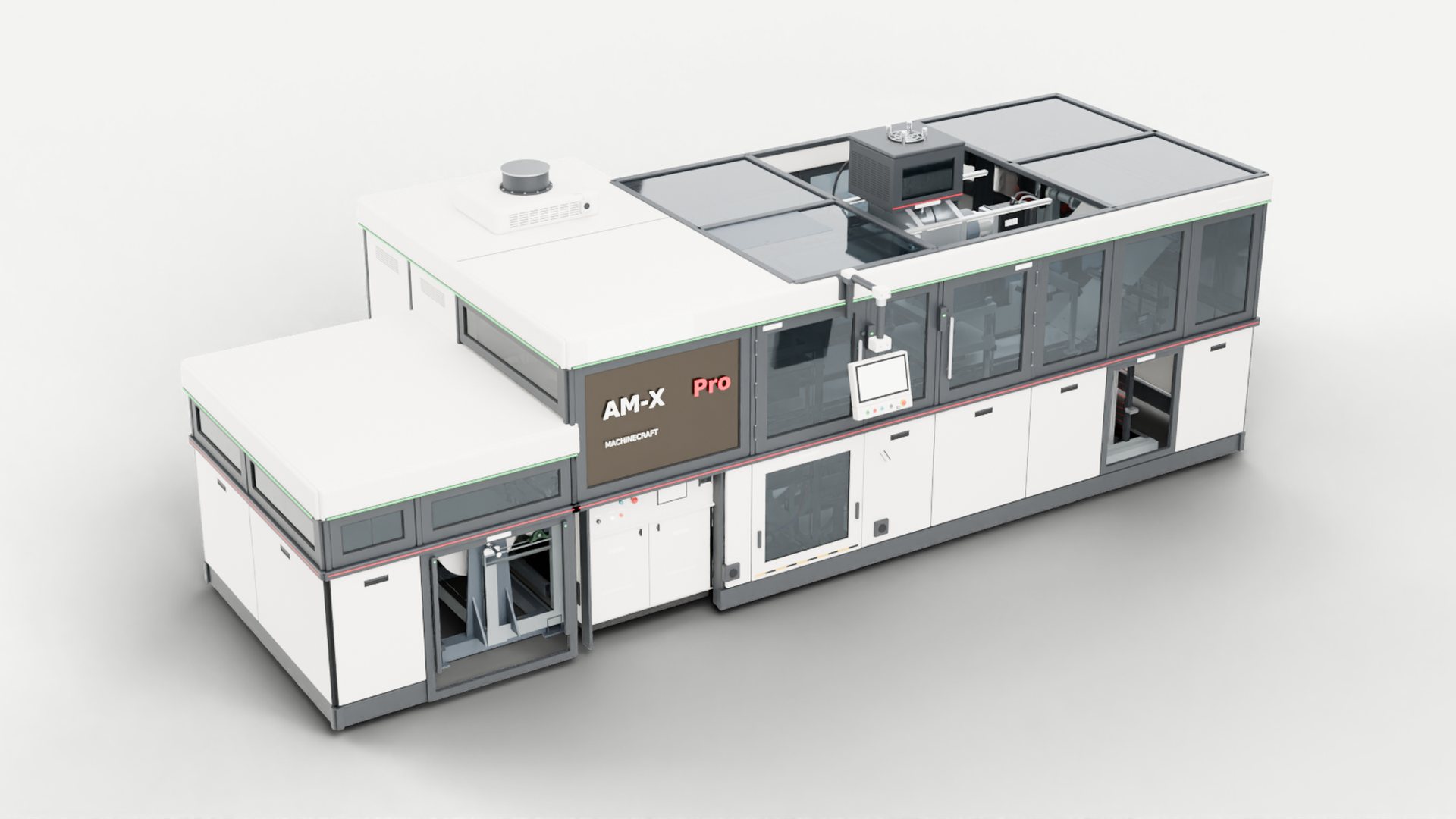 AM-X Pro all-servo roll-fed thermoformer with inline vision inspection, three-quarter view from the infeed side