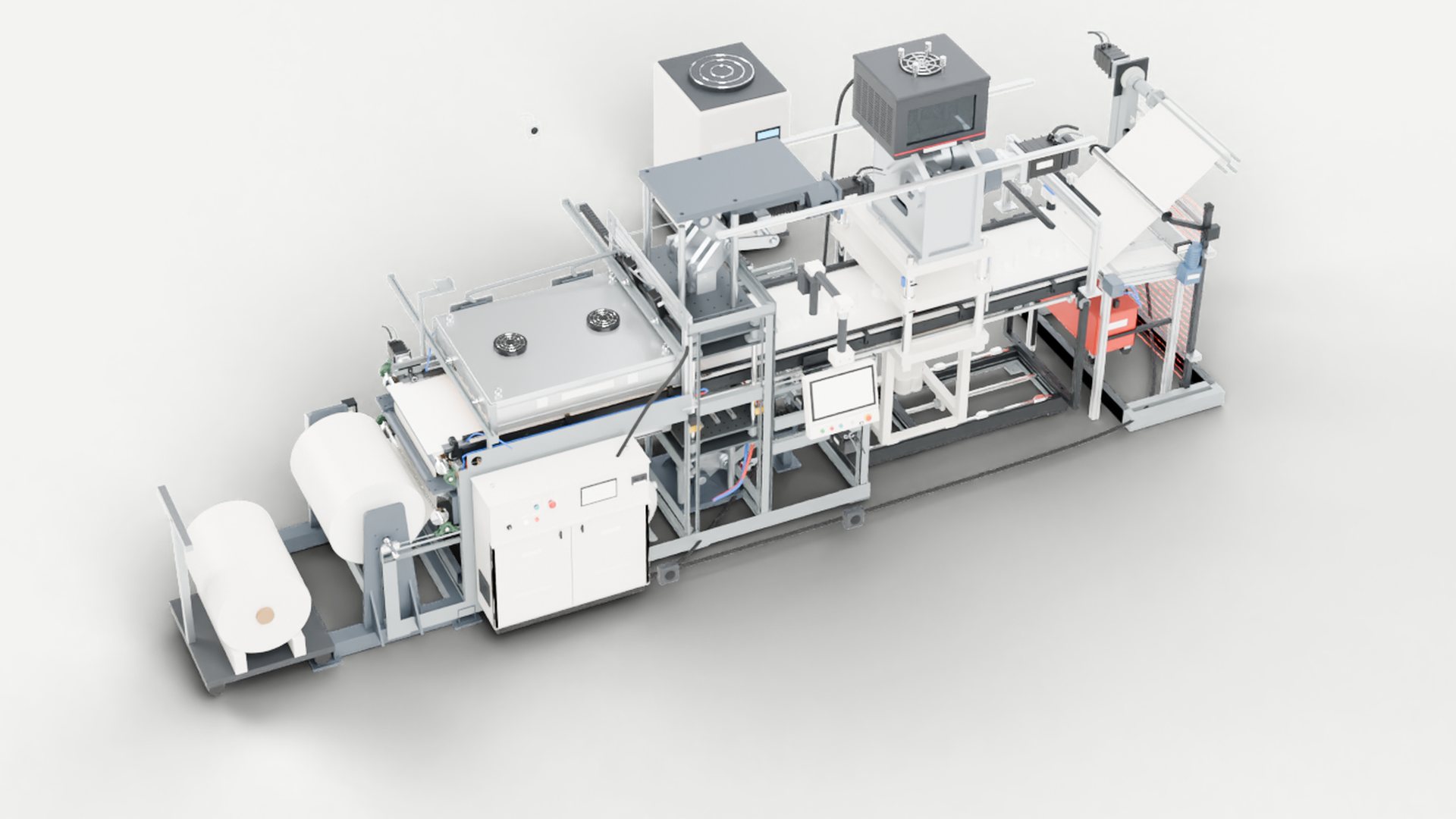 AM-X Pro with the guards removed, showing unwind, oven, forming station, trim press and winder