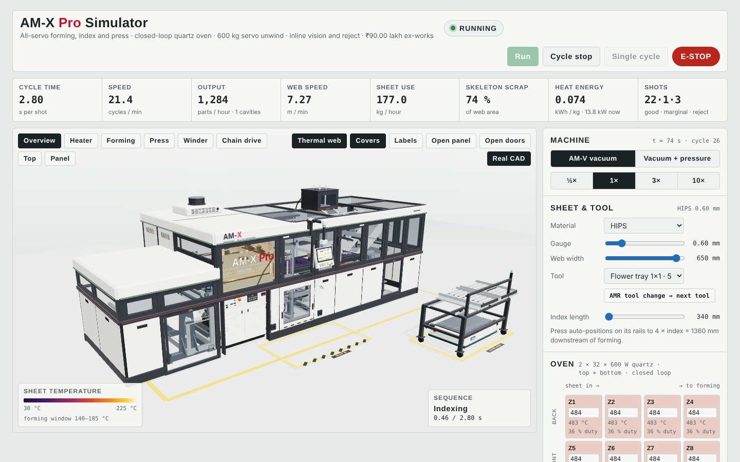 AM-X Pro live 3D simulator in the browser, with cycle time, speed and output