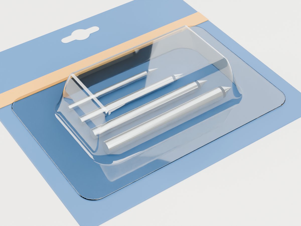 Clear PVC hanging blister holding drill bits, sealed to a printed card