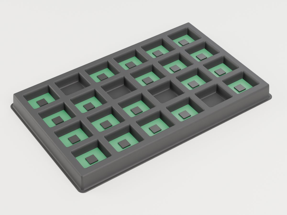 Black conductive HIPS electronics handling tray with circuit boards in its pockets
